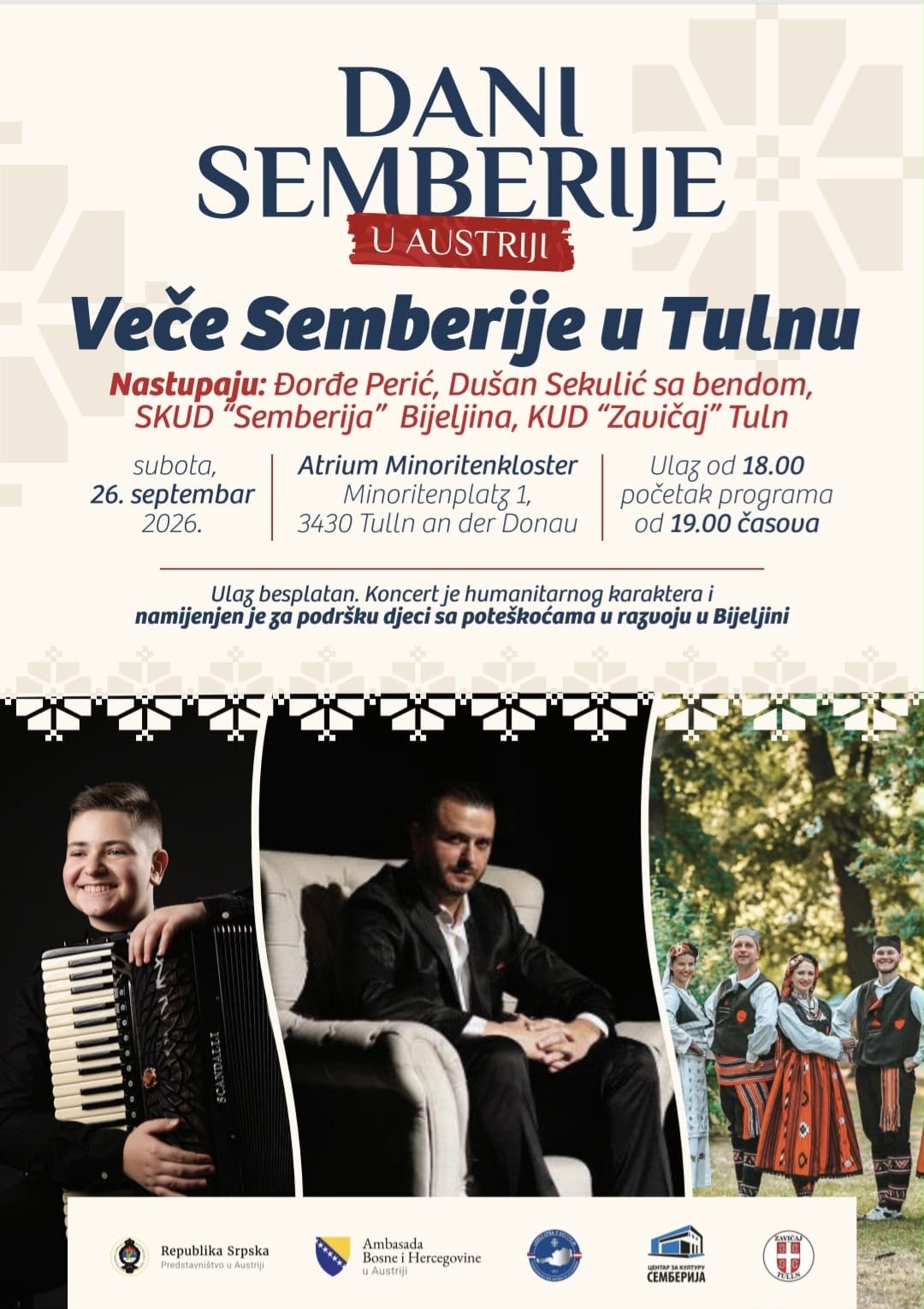 Veče Semberije u Tulnu - NASTUPAJU: Đorđe Perić, Dušan Sekulić sa bendom, SKUD “Semberija” Bijeljina, KUD “Zavičaj” Tuln